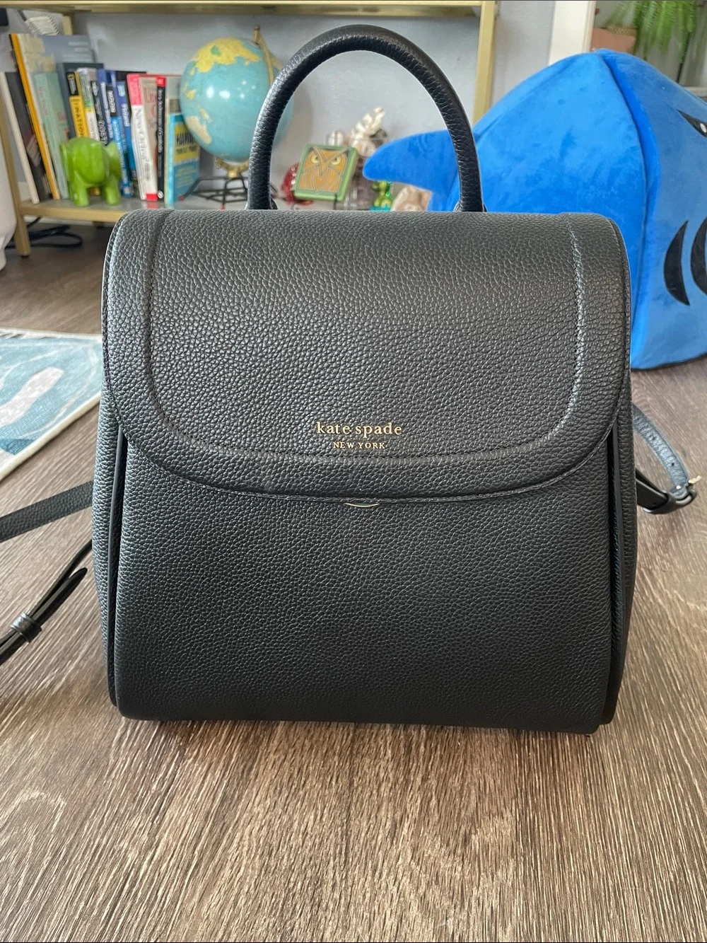 kate spade black pebbled leather flap backpack with top handle